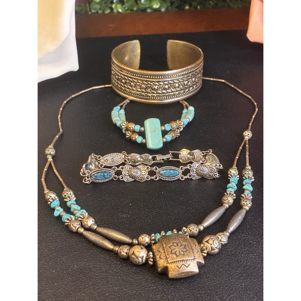 Vintage Southwestern Jewelry Lot Necklace Bracelet Cuff Faux Turquoise Boho - Picture 2 of 8